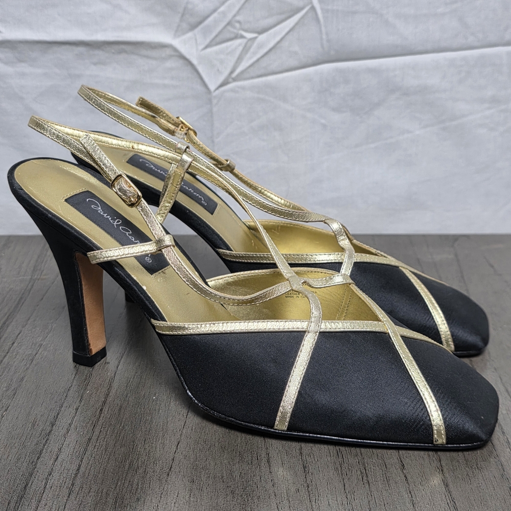 David Aaron Brenda Square Toe Elegant Black and Gold Strappy Heels Size 11M